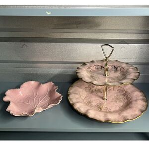 VTG California Pottery #719 Pink Leaf Dish Gold Trim + MCM Pink Gold 2 Tier Tray